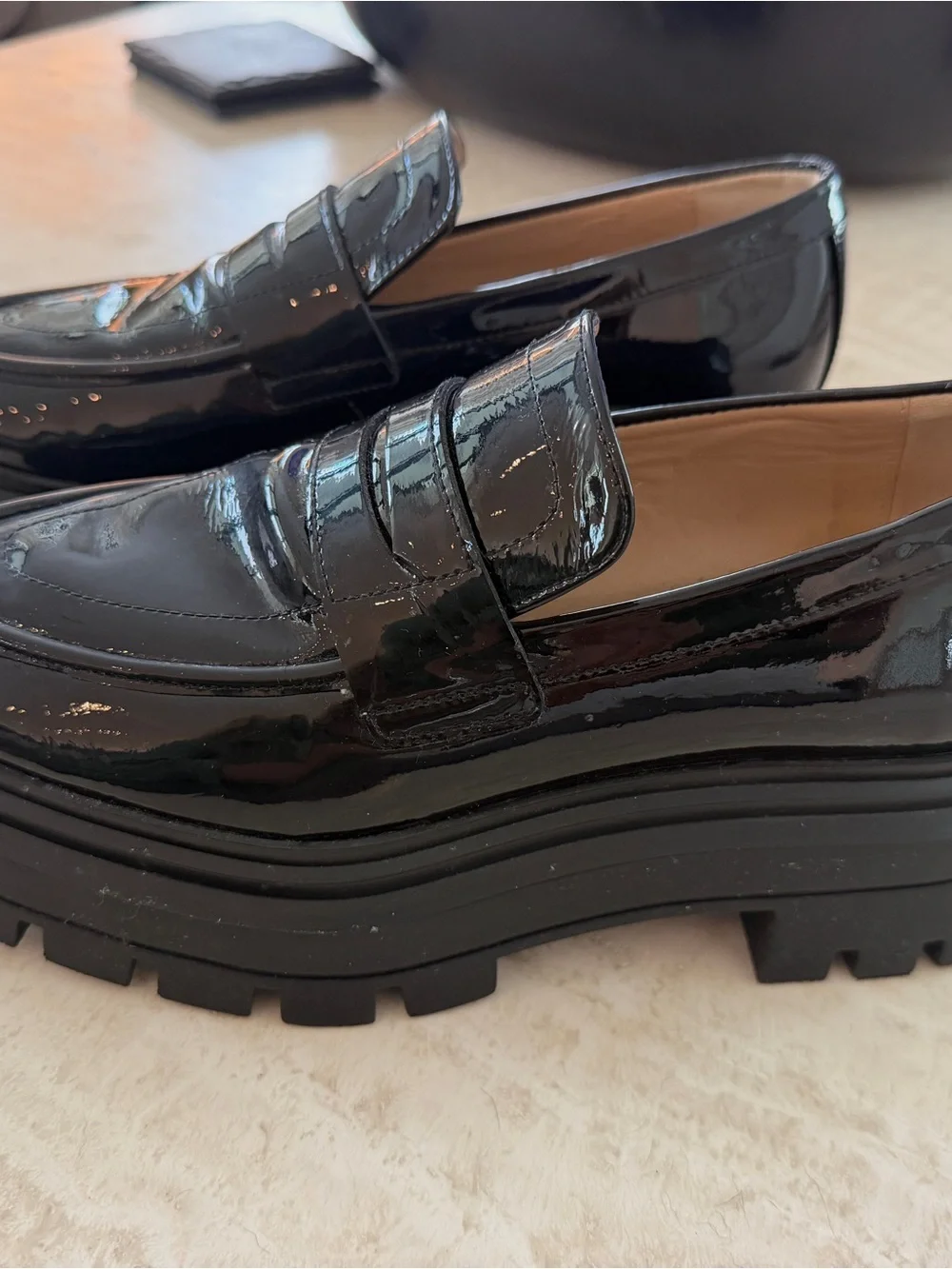 Stuart Weitzman Black Patent Leather Chunky Platform Loafers Size 6